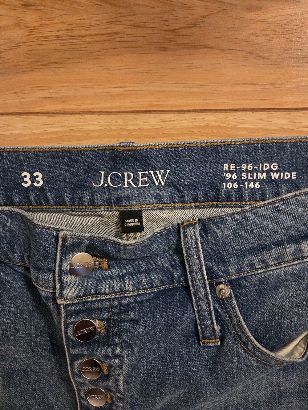 J. Crew High Rise 96 Slim Wide Button Fly Med Wash Jean RE-96-IDG Boho Sz 33 - Picture 3 of 8
